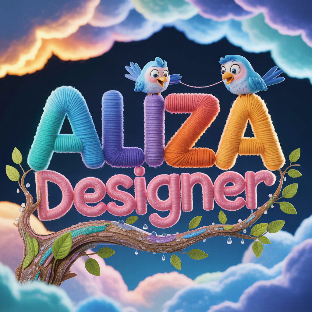 Colorful Yarn Text with Playful Birds and Clouds