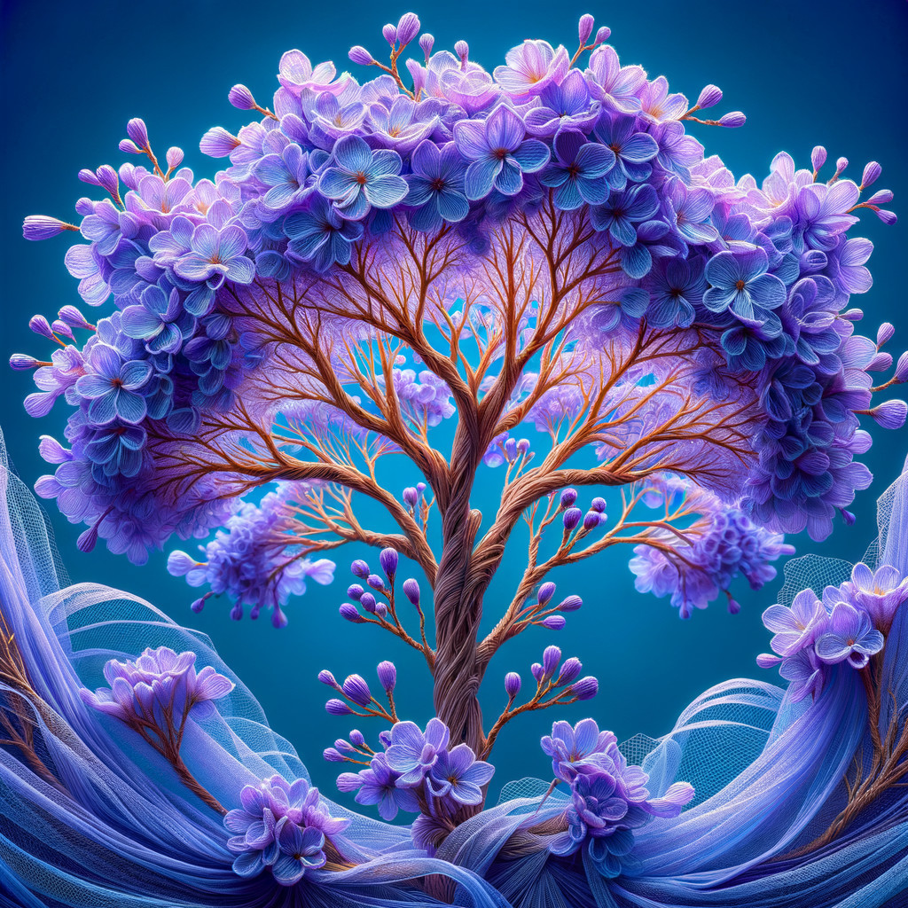 Vibrant Tree with Purple Blossoms on Blue Background