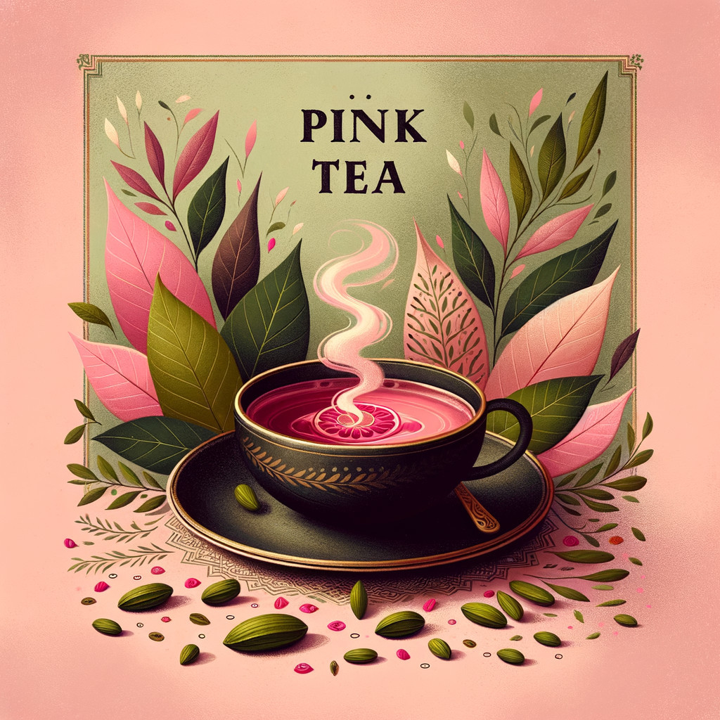 Vibrant Illustration of Pink Tea with Herbs and Flowers