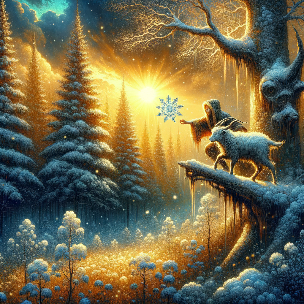 Cloaked Figure and Sheep in Enchanted Winter Scene