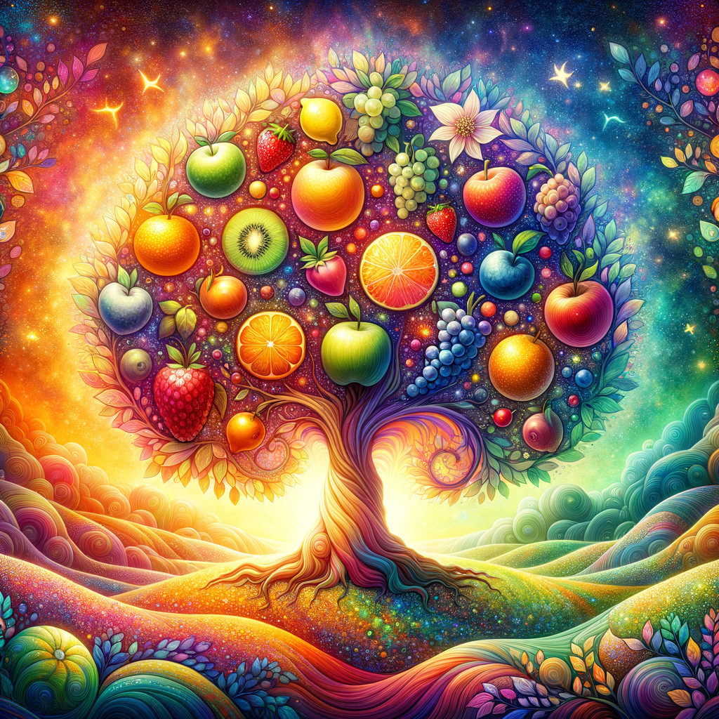 Surreal Tree with Colorful Fruits in Cosmic Setting