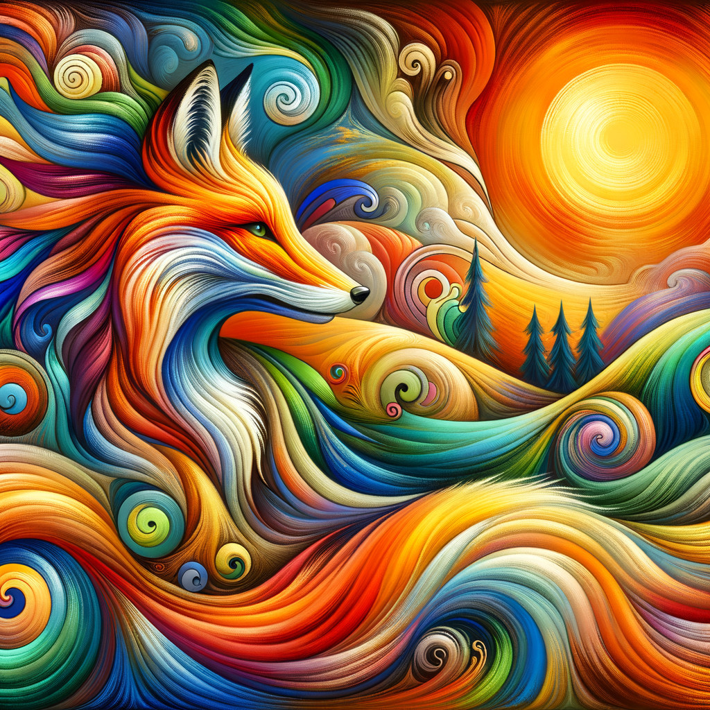 Colorful Illustration of a Fox Amid Sunset Waves