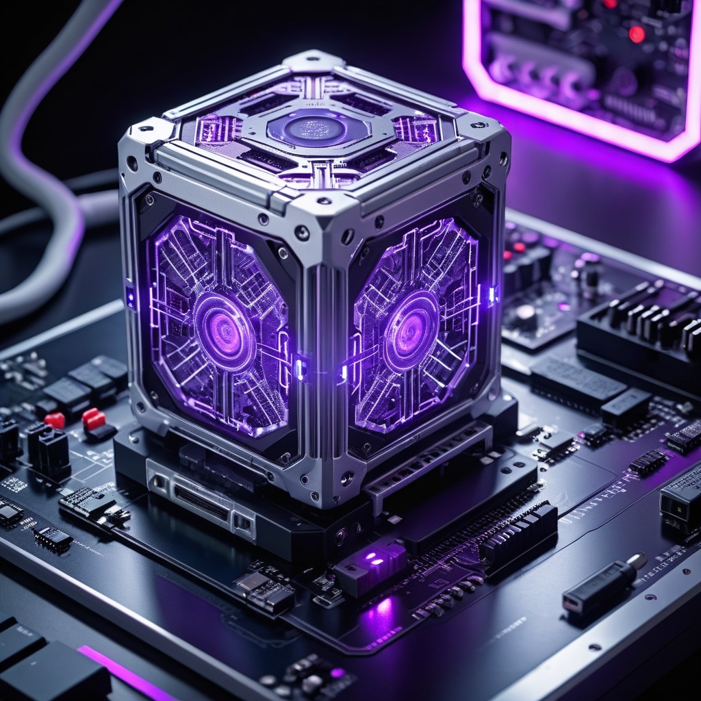 Futuristic illuminated cube on sleek motherboard with LEDs