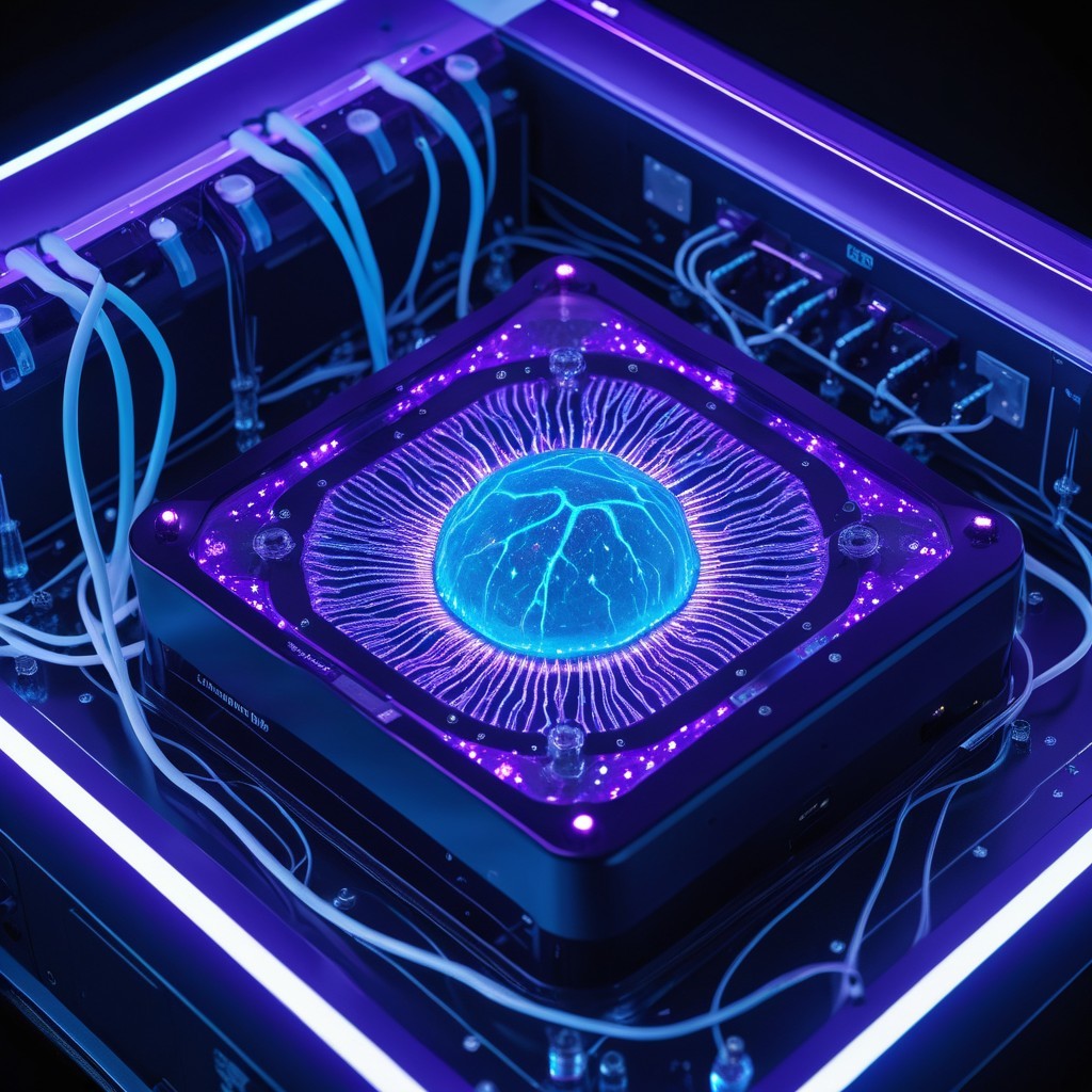 Futuristic device with glowing orb and electric patterns