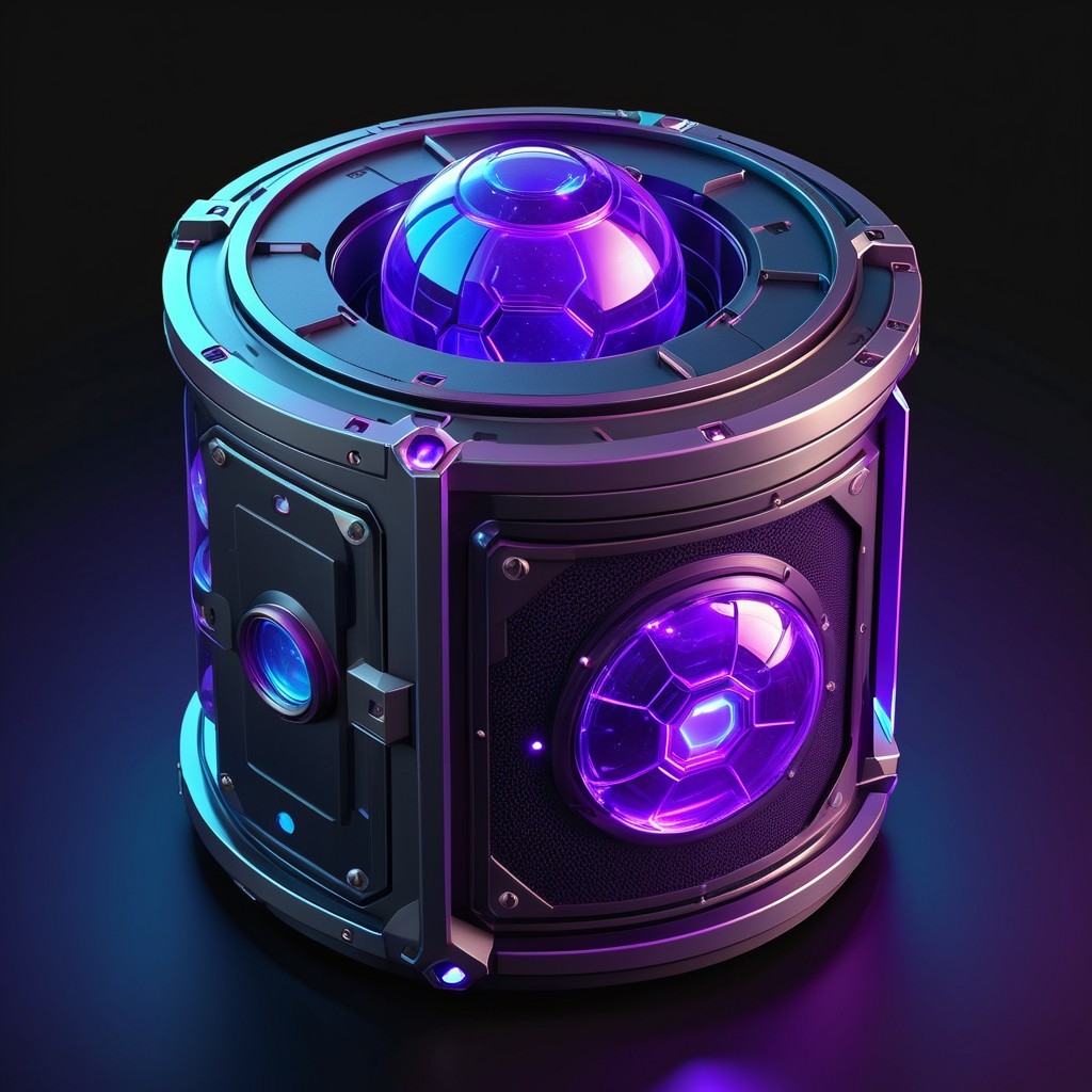 Futuristic Metallic Cube with Glowing Purple Elements