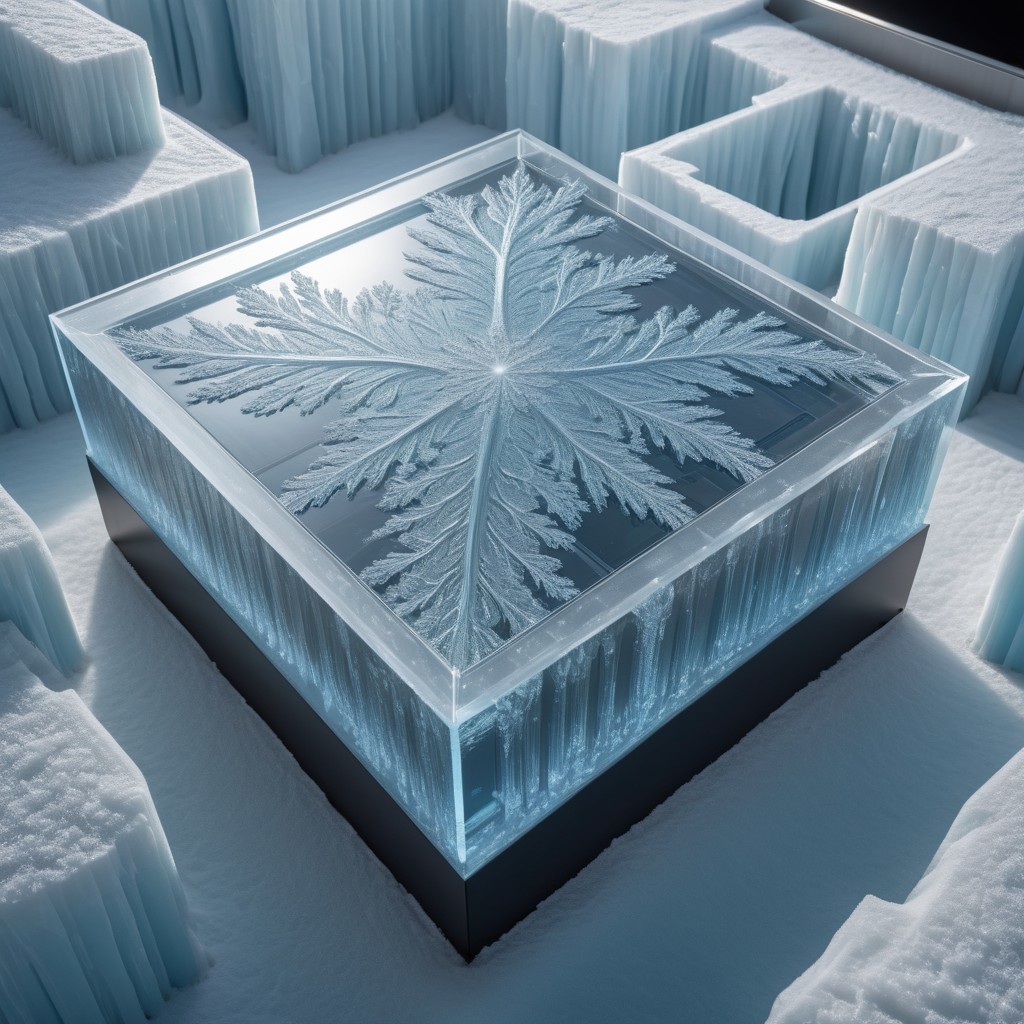Intricately Carved Ice Snowflake in Snowy Landscape