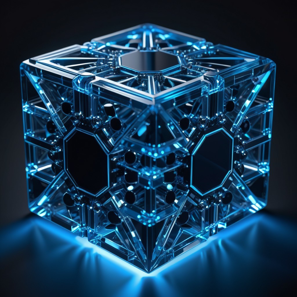 Luminous Blue Crystal Cube with Geometric Patterns