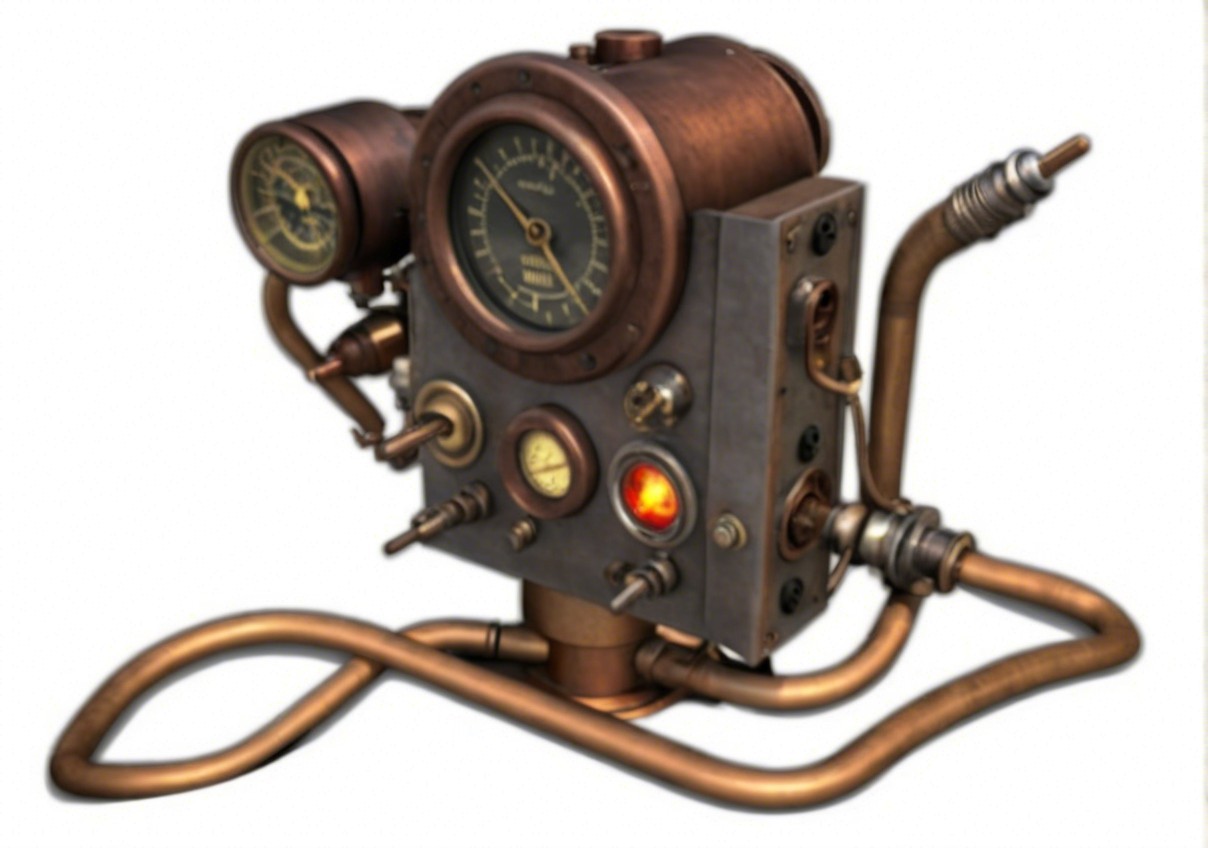 Vintage Steampunk Machine with Copper Pipes and Gauges