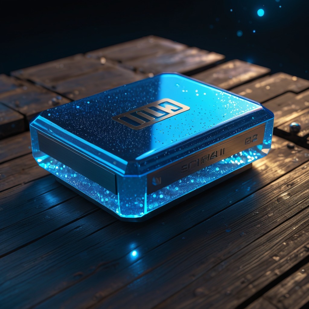 Futuristic device with blue glow on wooden surface