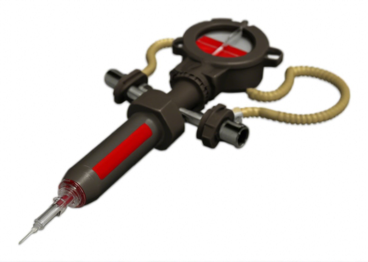 Futuristic syringe-like device with advanced design features