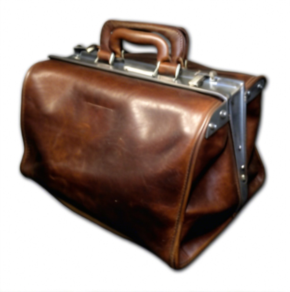 Vintage Brown Leather Bag with Metal Frame and Handle