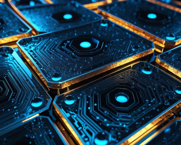 Close-up of Microchips with Glowing Circuitry