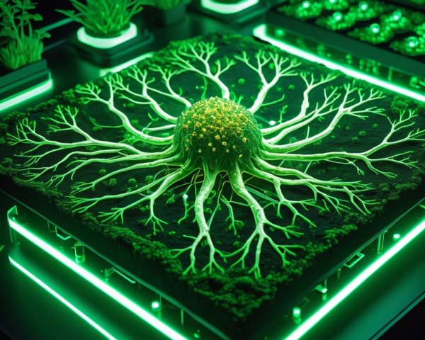 Vibrant Bioluminescent Display with Central Organism