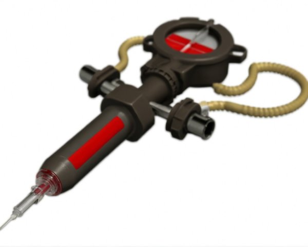Futuristic syringe-like device with advanced design features