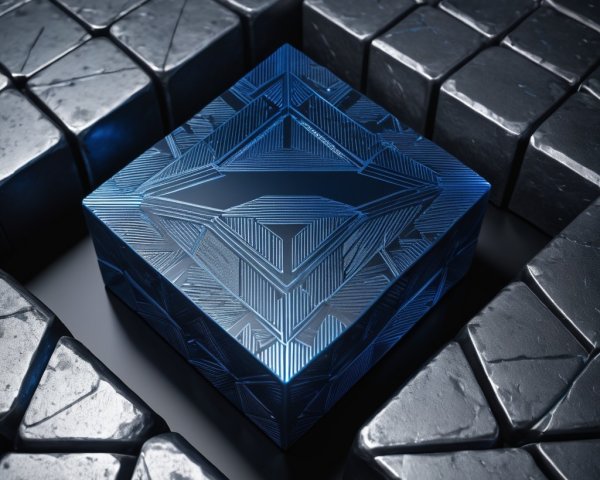 Blue Cube with Geometric Patterns on Black Stone Background