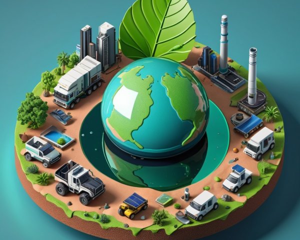 Miniature Globe Surrounded by Green Landscape and Vehicles