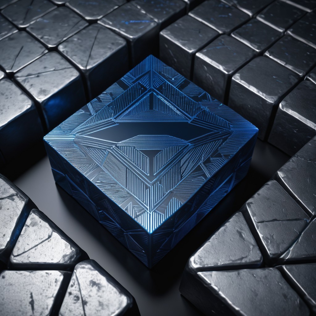 Blue Cube with Geometric Patterns on Black Stone Background