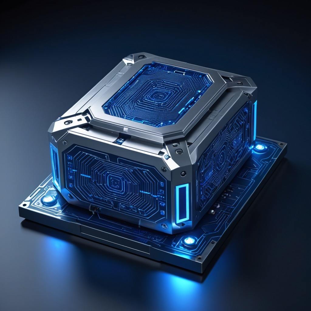 Futuristic Metallic Cube with LED Circuit Patterns