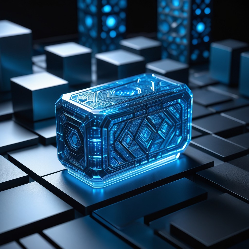 Futuristic Blue Container on Grid Surface with Cubes
