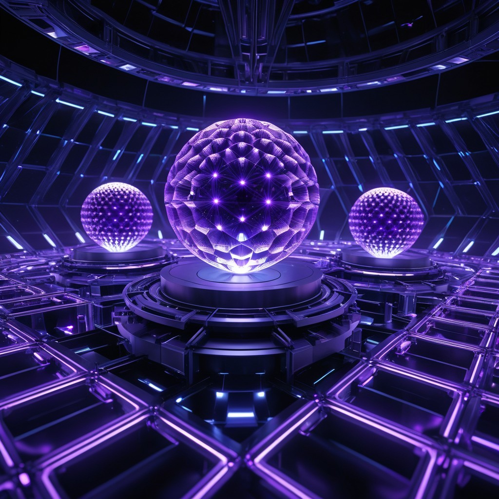Three Glowing Purple Spheres in High-Tech Setting