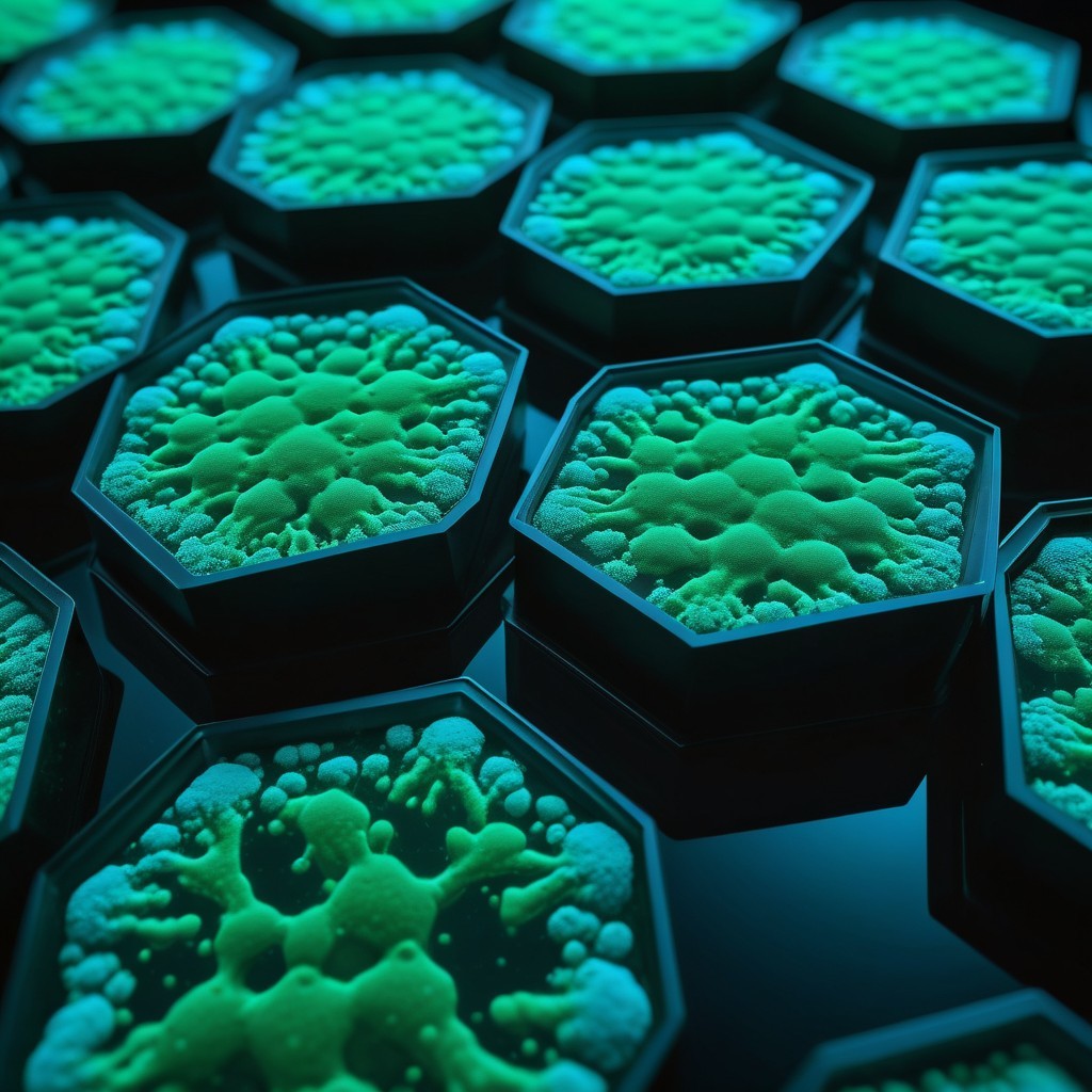 Close-Up View of Hexagonal Petri Dishes with Green Substance