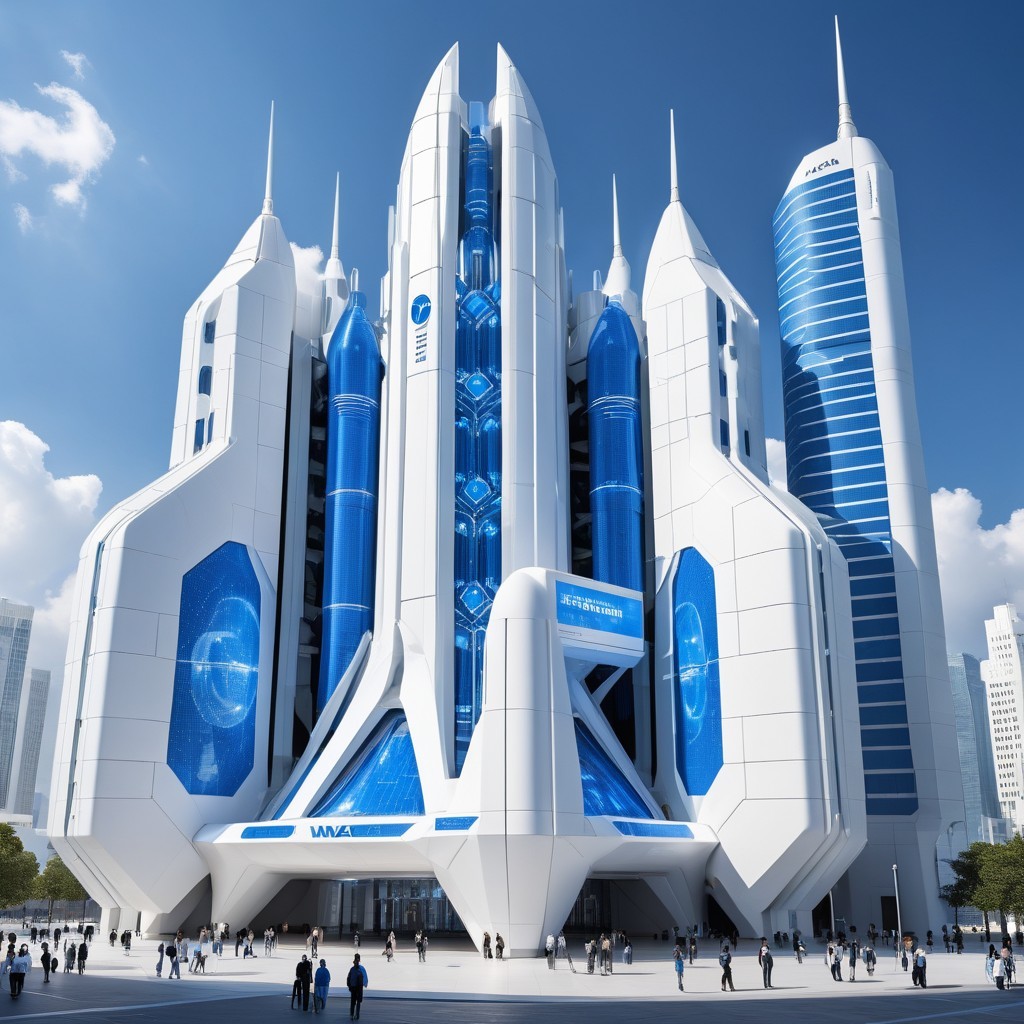 Futuristic Rocket-Shaped Building in Urban Landscape