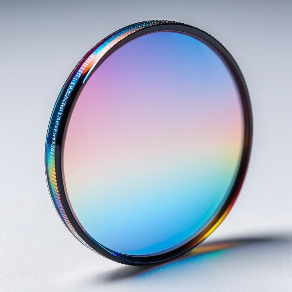 Round iridescent camera filter with metallic edge