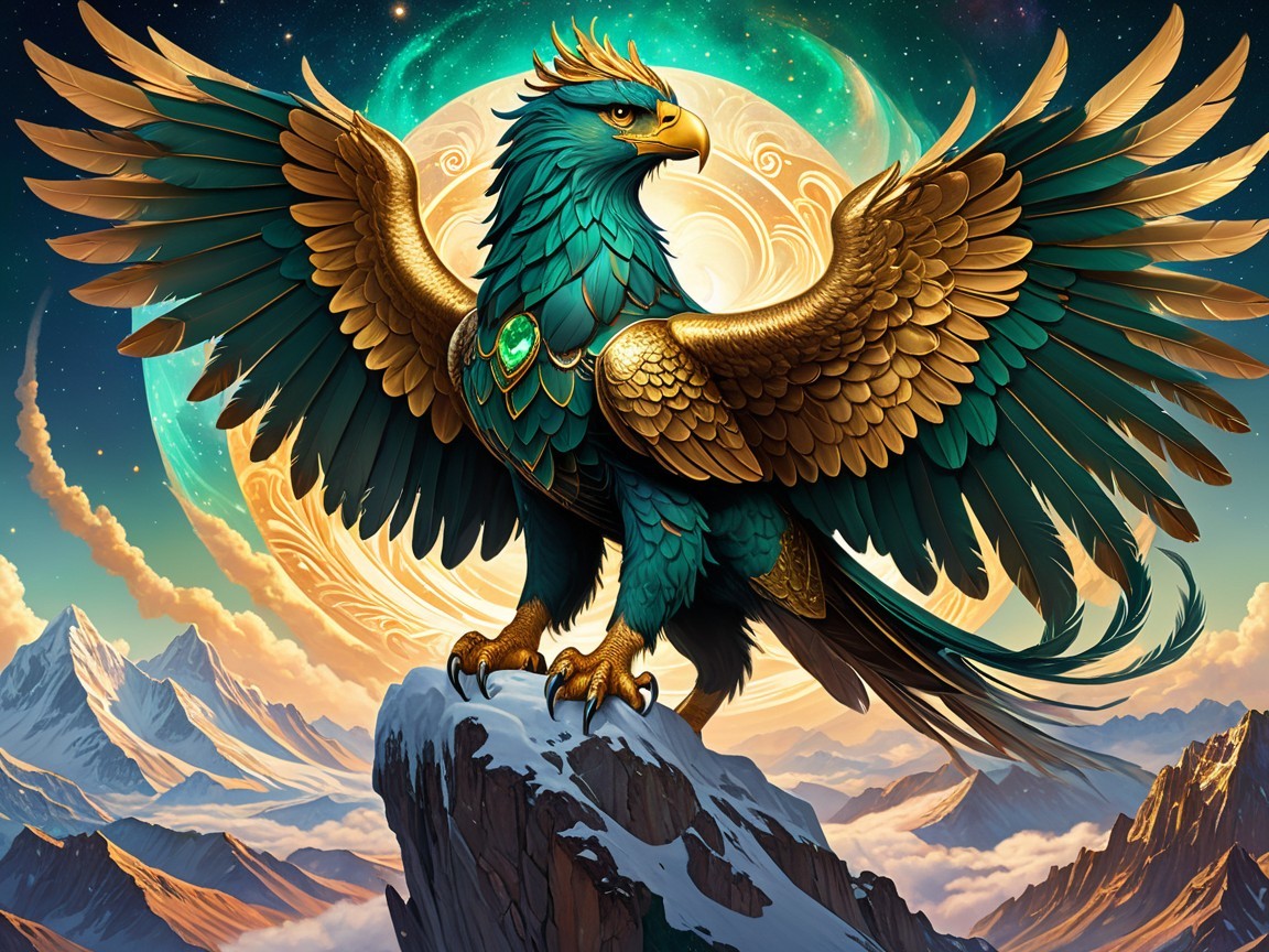 Majestic griffin with teal feathers on rocky outcrop