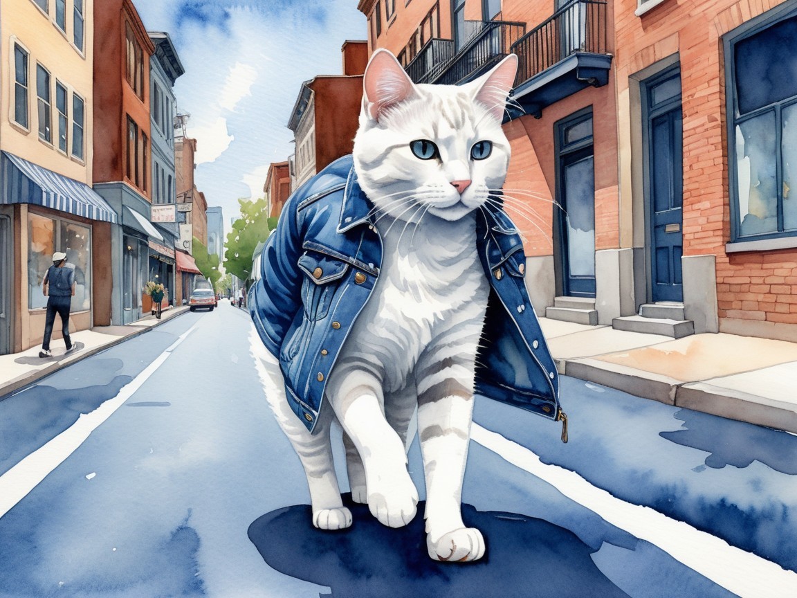 Charismatic Cat in Denim Jacket on City Street