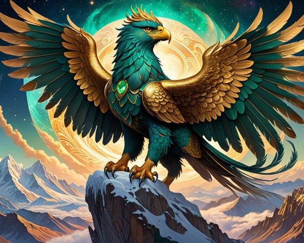 Majestic griffin with teal feathers on rocky outcrop