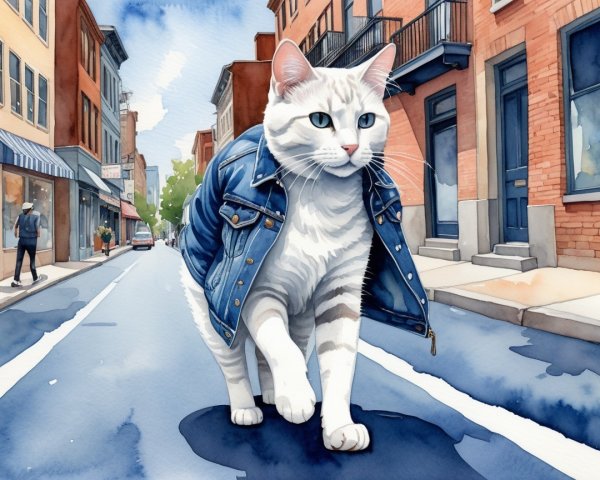 Charismatic Cat in Denim Jacket on City Street