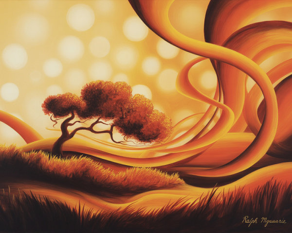Vibrant Landscape Painting with Solitary Tree and Abstract Forms