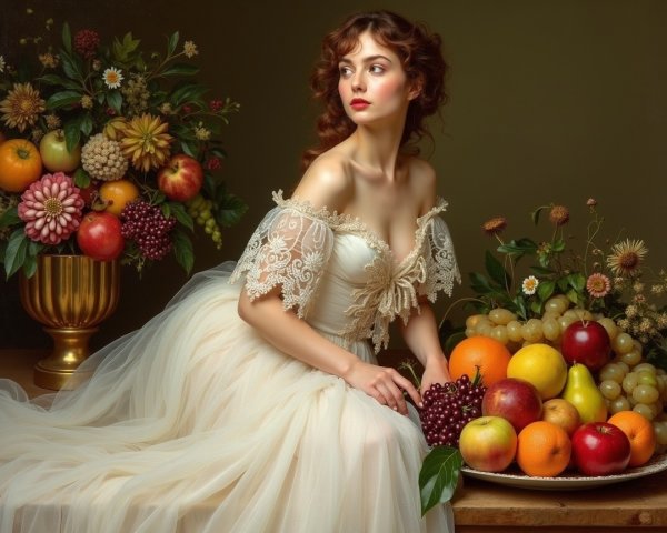 Young woman in off-shoulder gown with colorful fruits