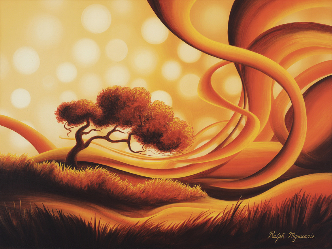 Vibrant Landscape Painting with Solitary Tree and Abstract Forms