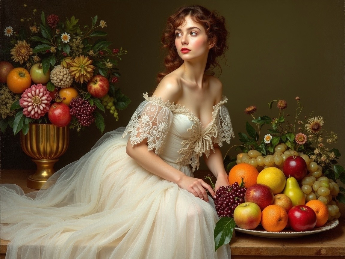 Young woman in off-shoulder gown with colorful fruits