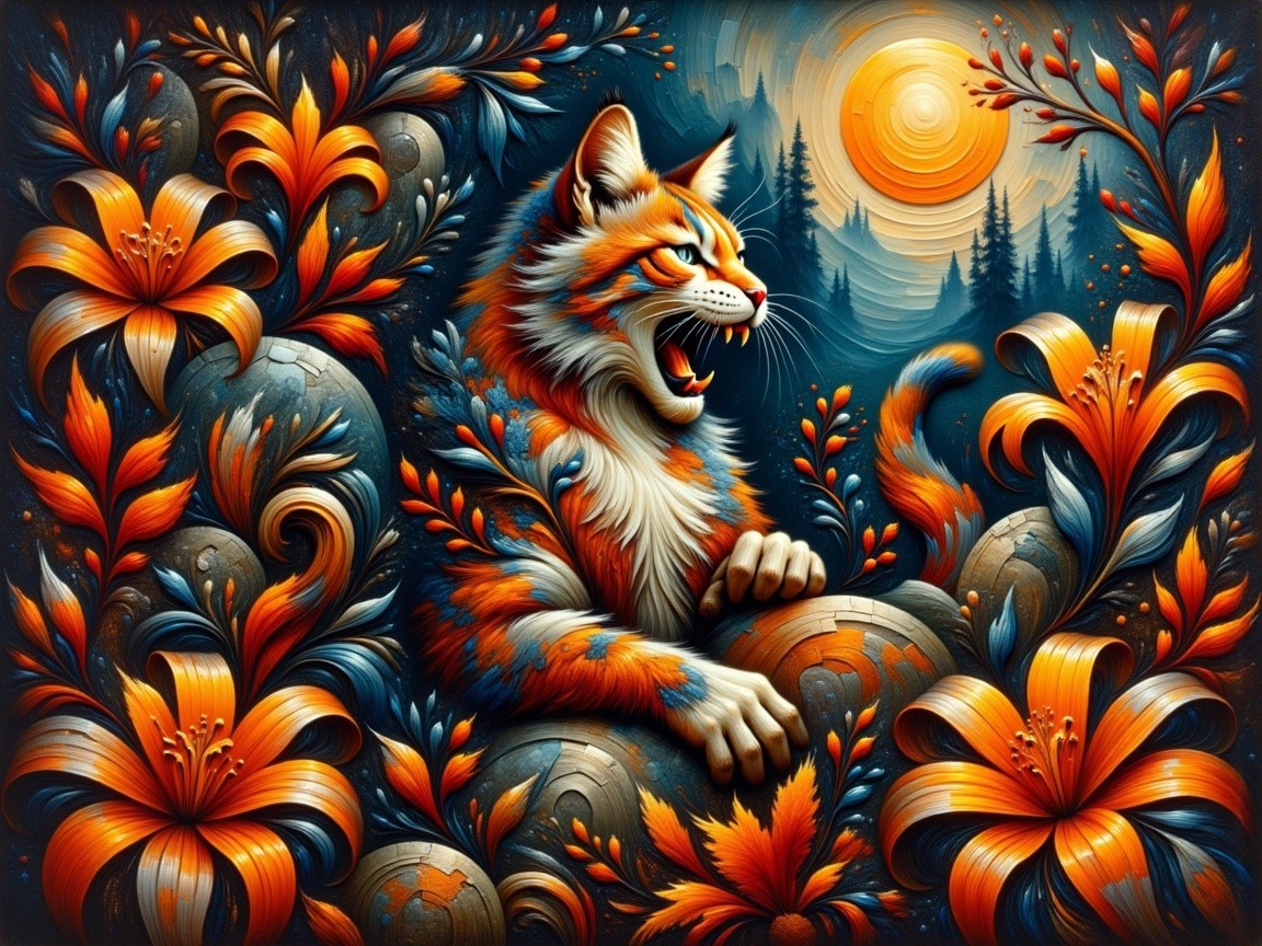 Fierce Cat Surrounded by Vibrant Flowers and Foliage