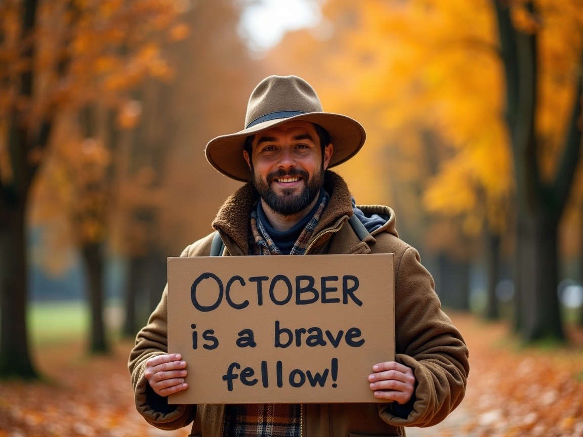 Autumn Scene with Man and Cheerful Cardboard Sign
