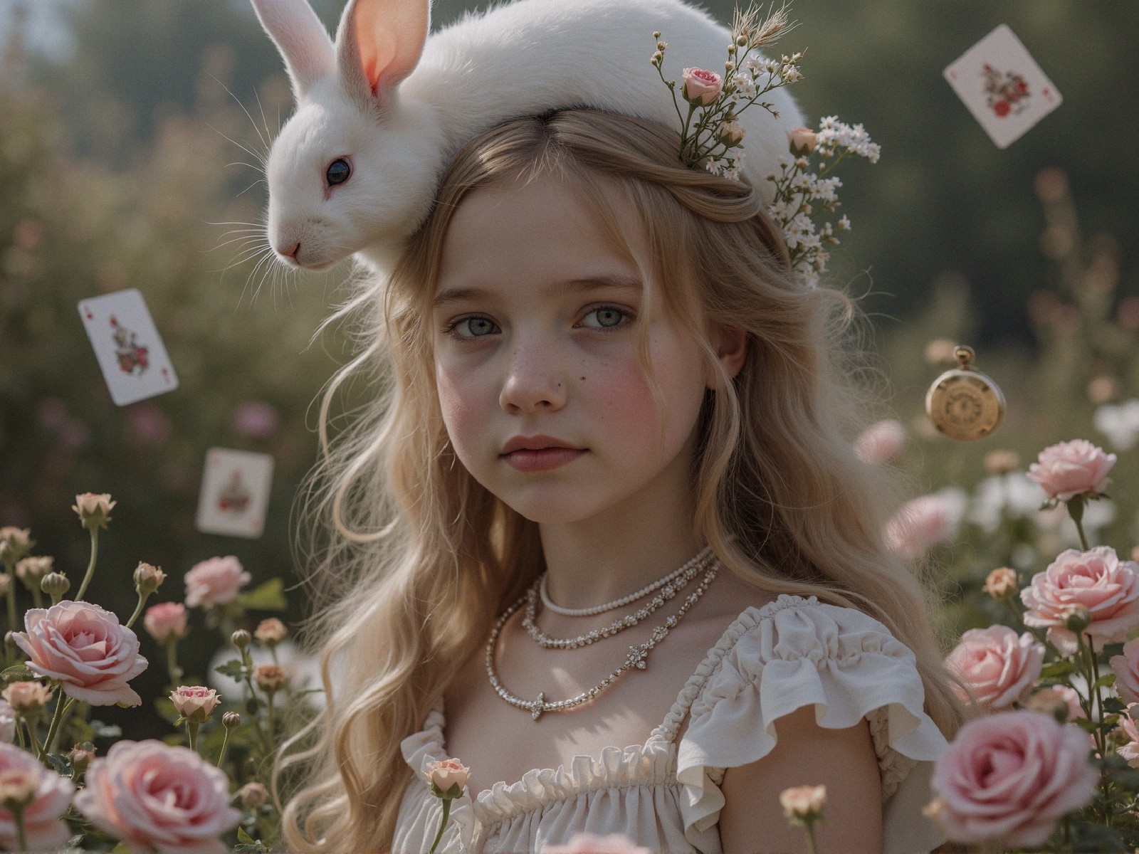 Whimsical Garden with Girl, Rabbit, and Playing Cards