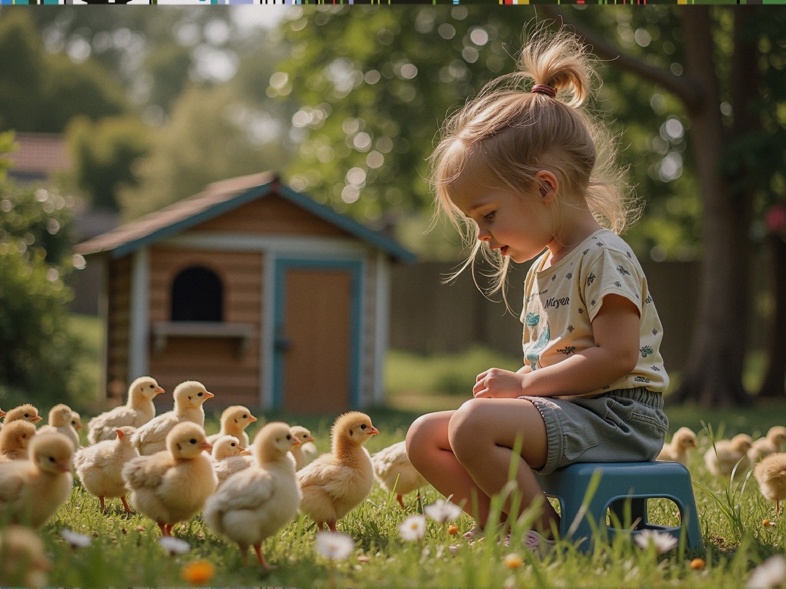 Child Observing Chicks in a Lush Garden Setting