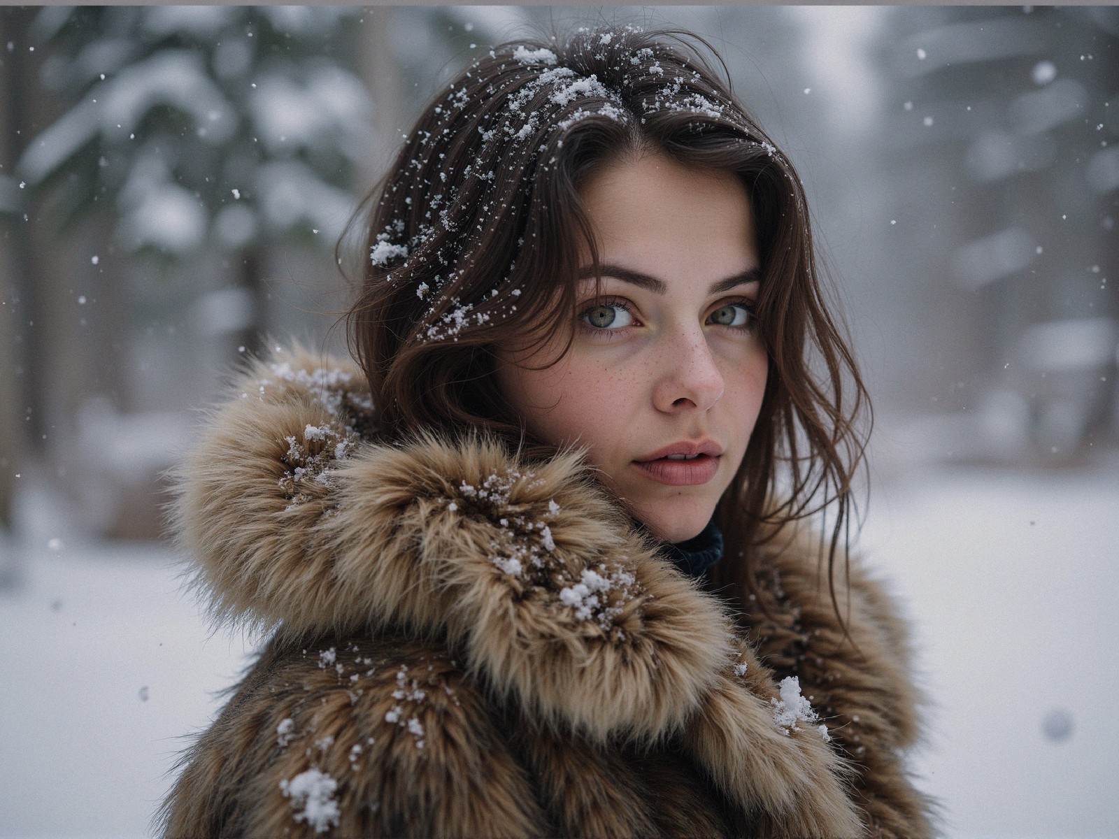 Young Woman in Winter Landscape with Snowflakes