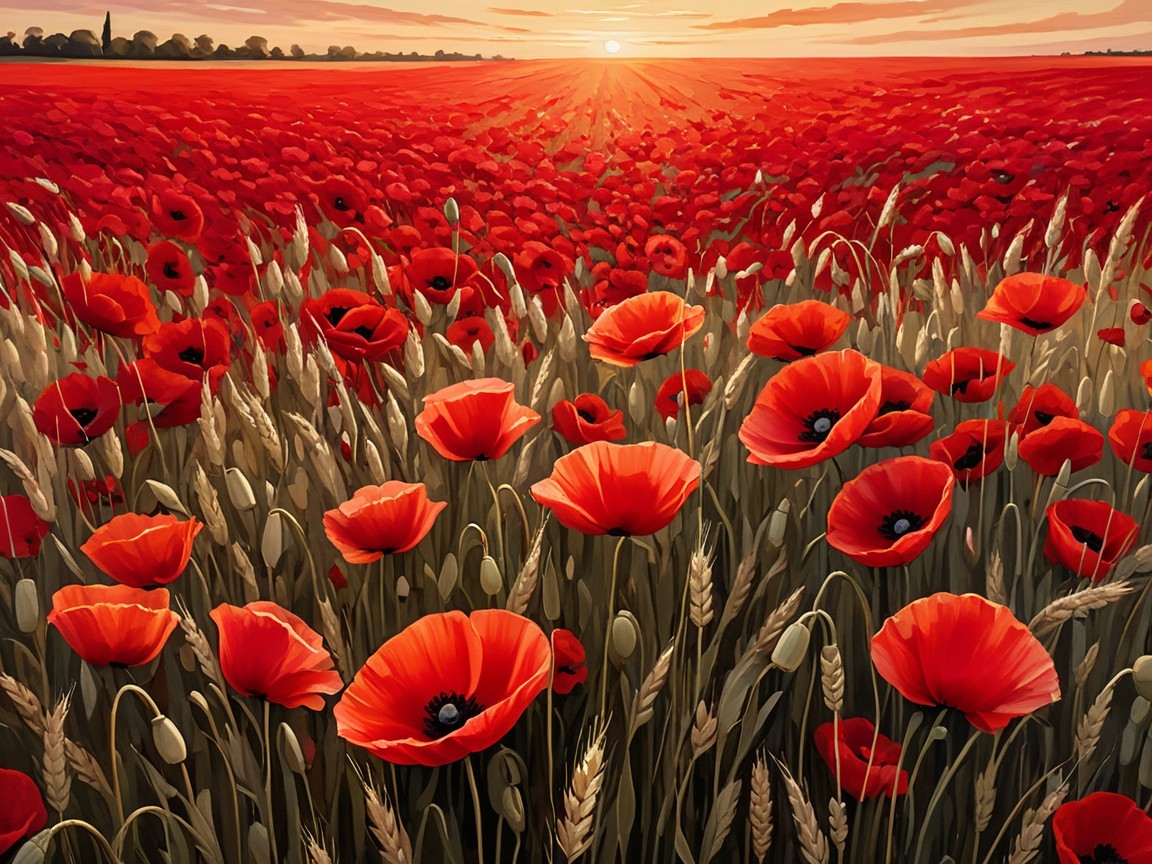 Vibrant Red Poppy Field at Sunset with Wheat