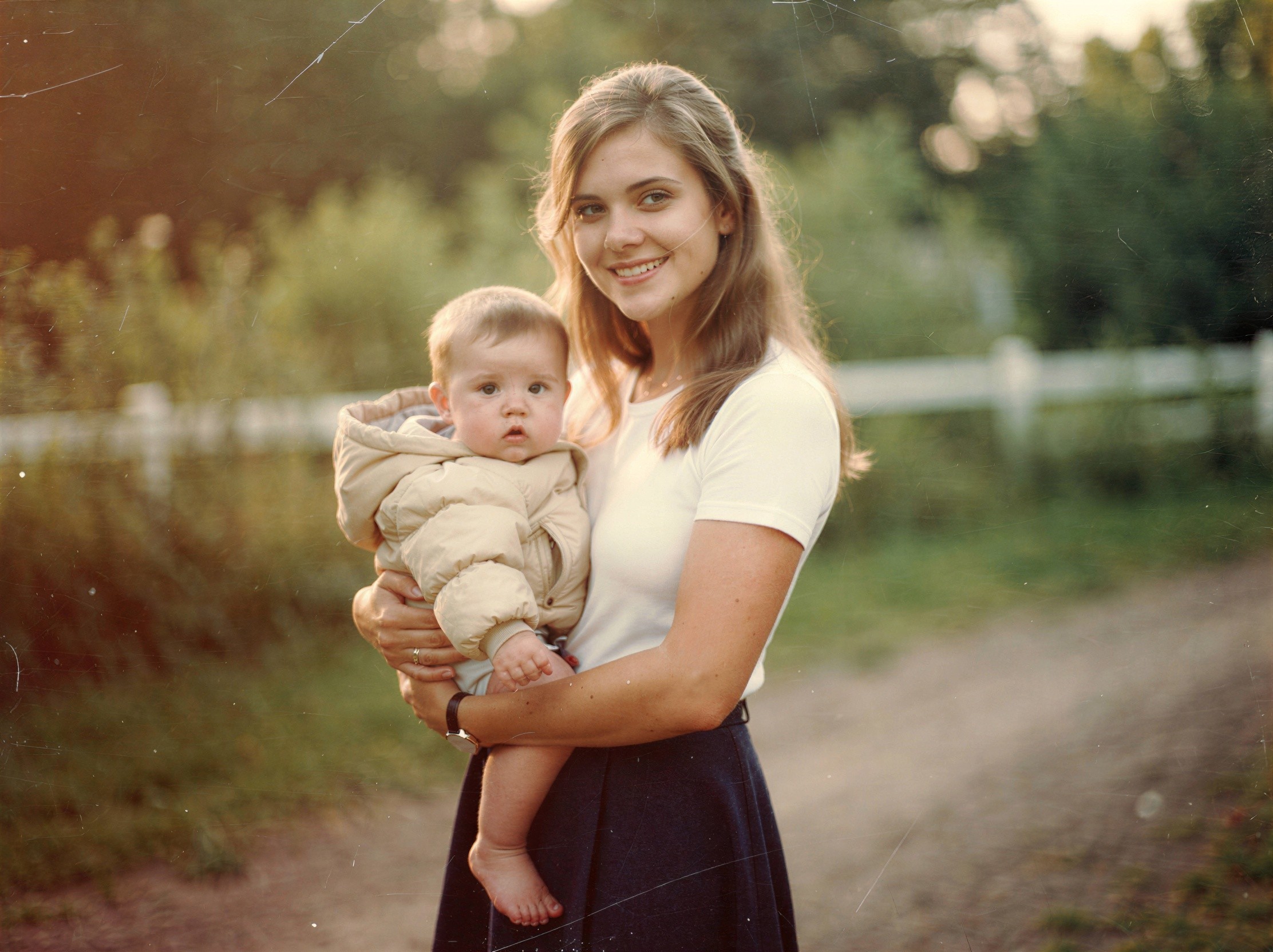 Woman Holding Baby in Nature with Sunlit Background