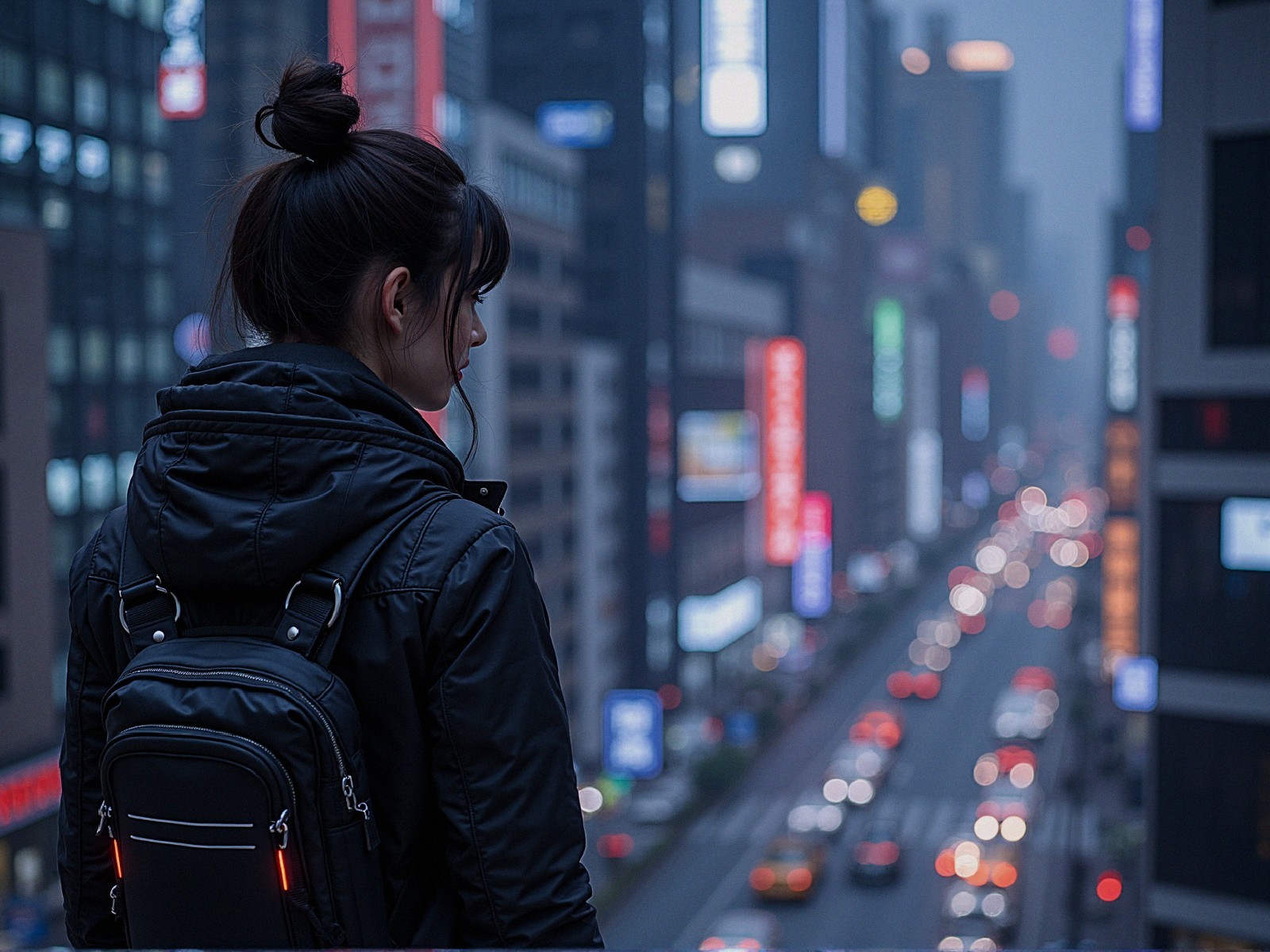 Young woman on rooftop overlooking neon city street