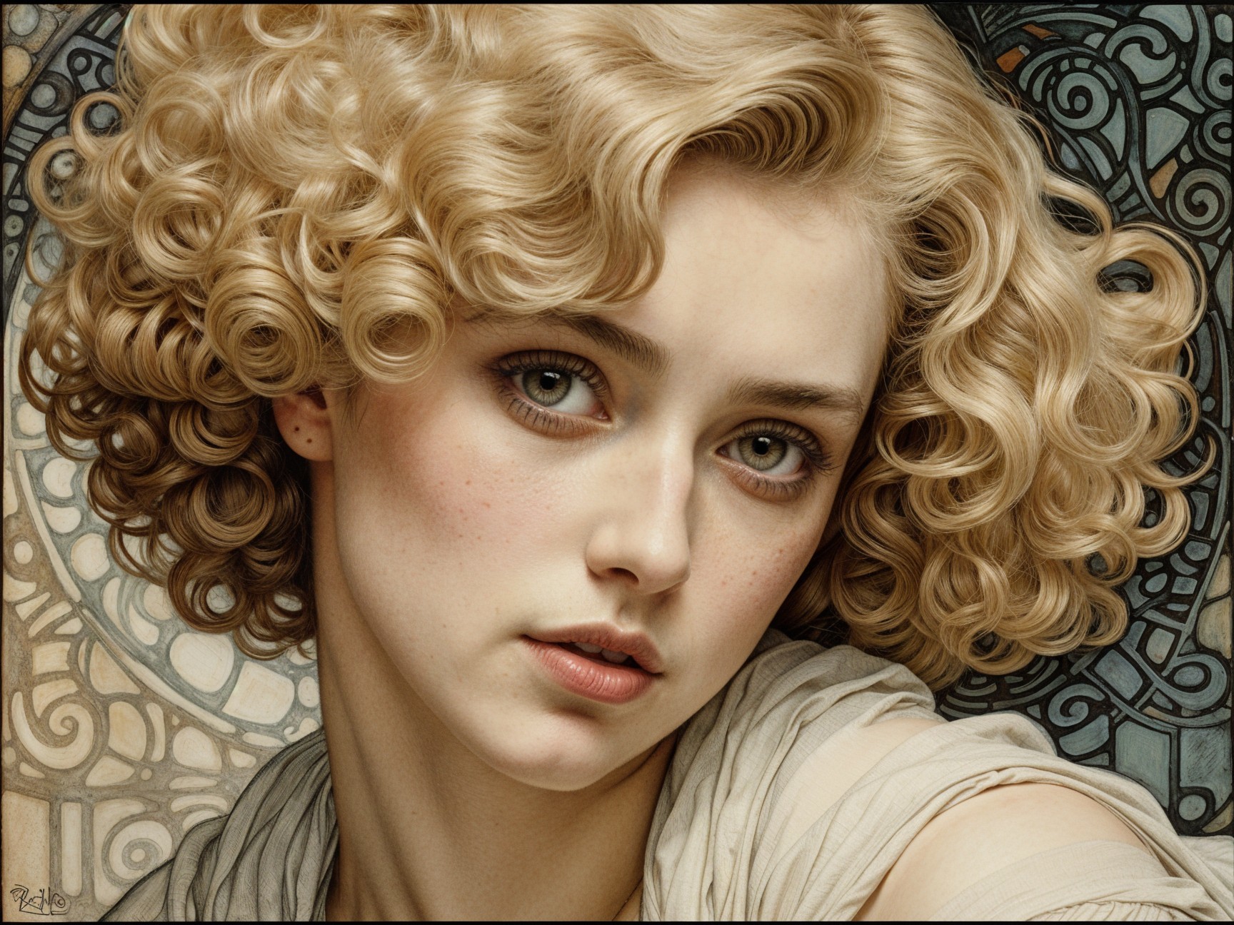 Portrait of a Young Woman with Golden Curls and Graceful Attire