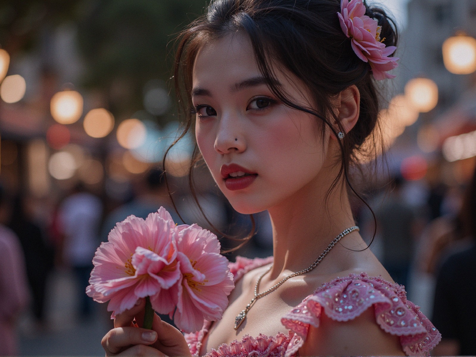 Young Woman in Pink Outfit with Floral Embellishments