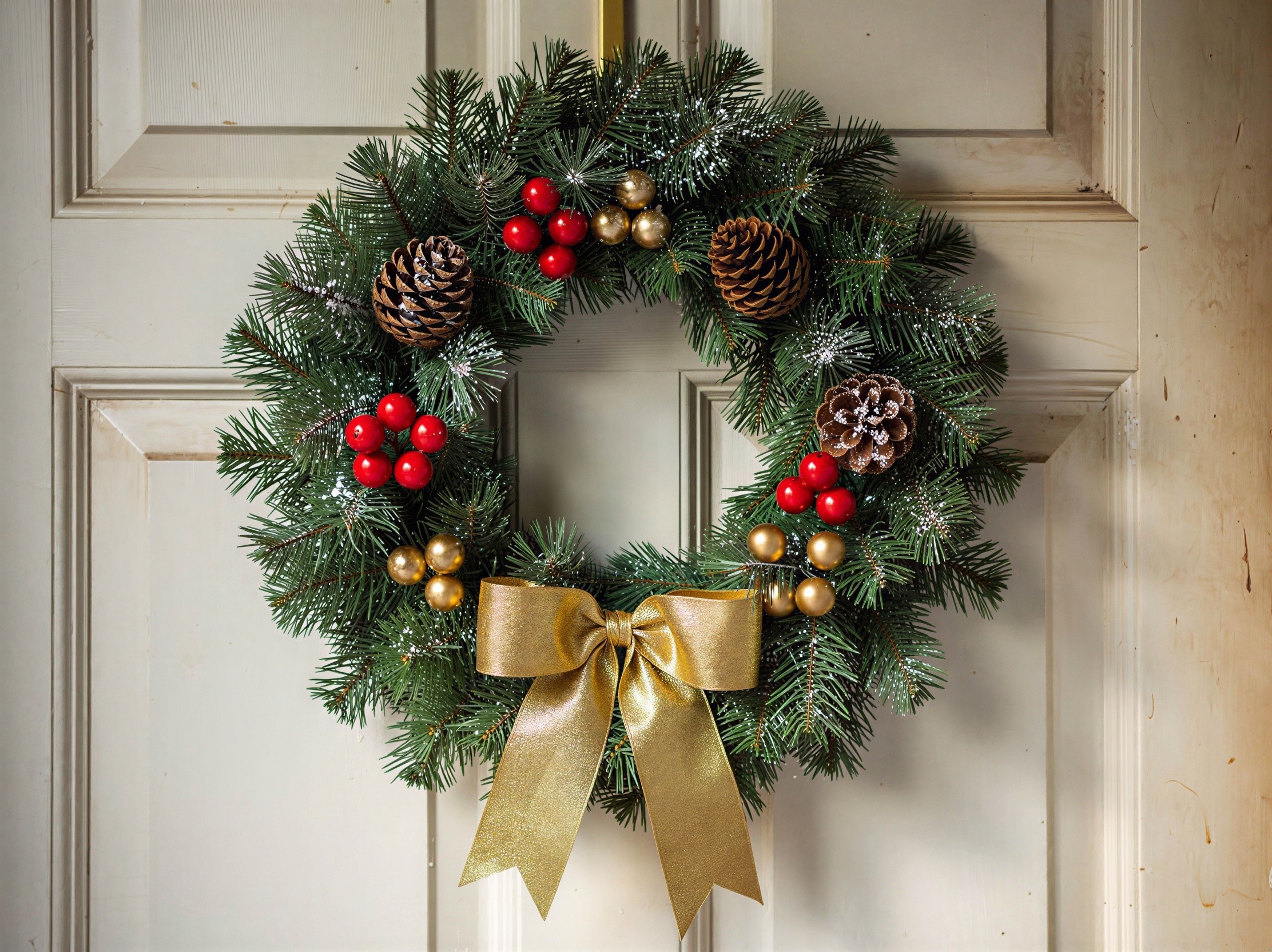 Christmas Wreath on Ornate Door Panels with Snow