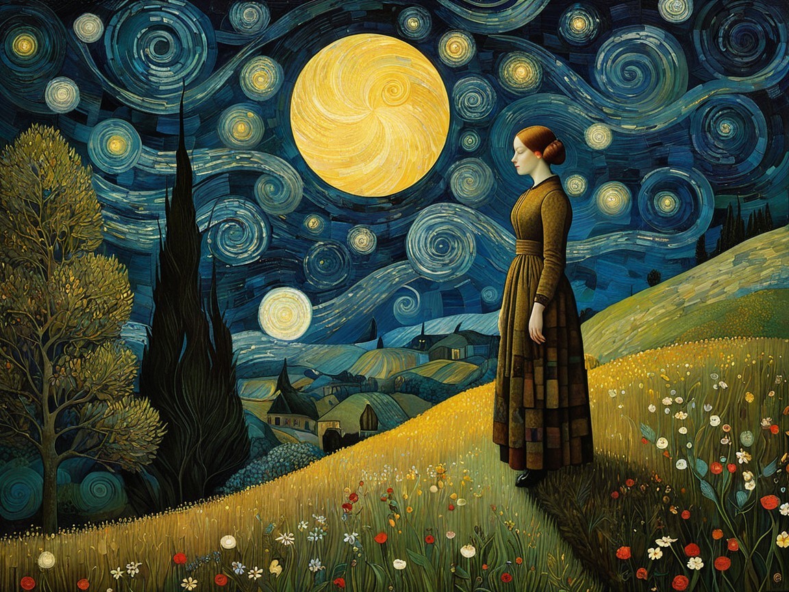 Woman in Brown Dress Under Starry Night Sky