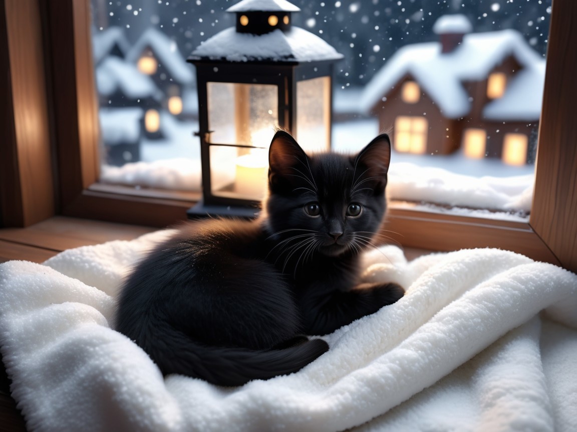 Black kitten on white blanket by frosted window