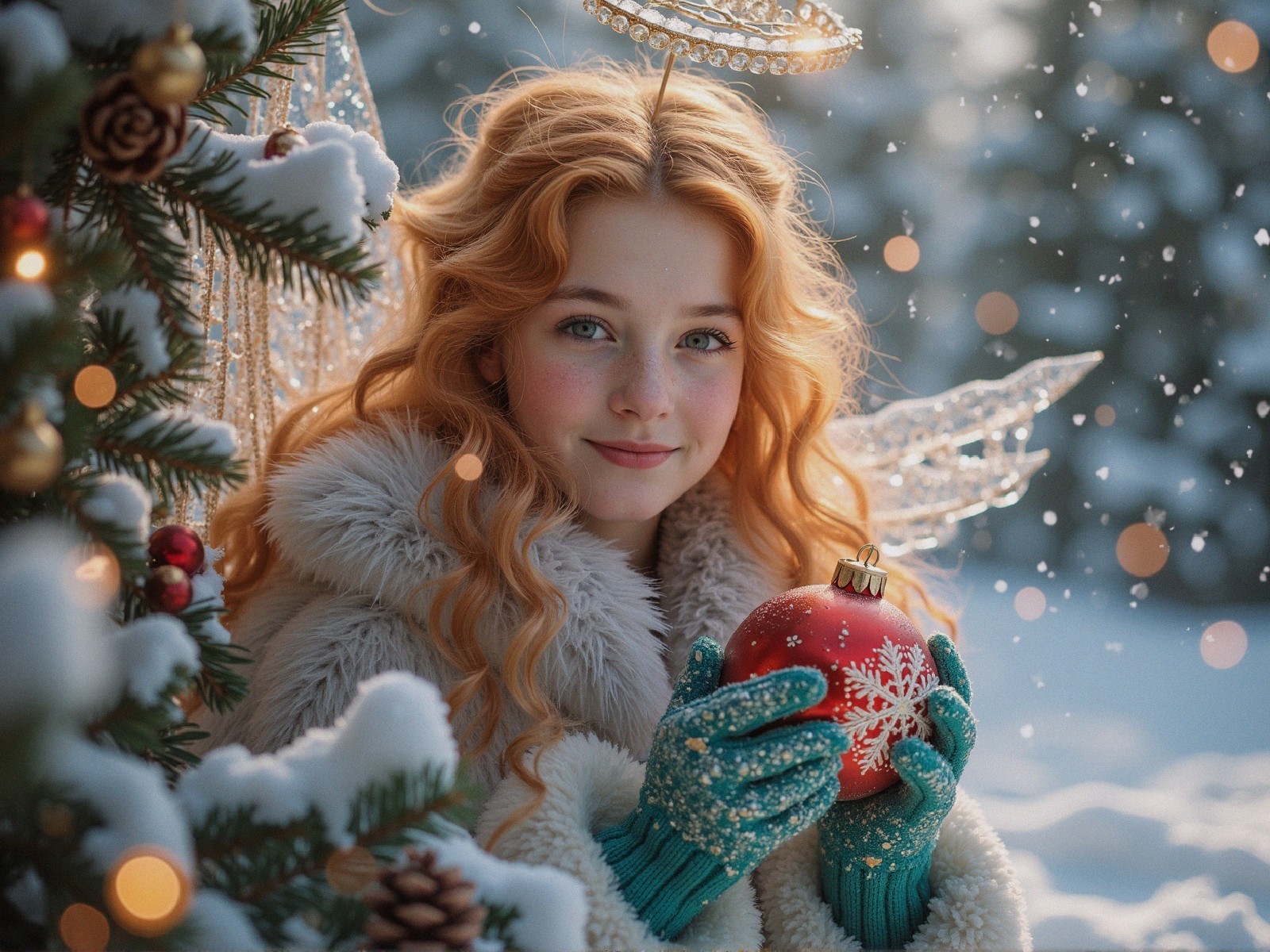 Young girl with red hair and wings in winter scene