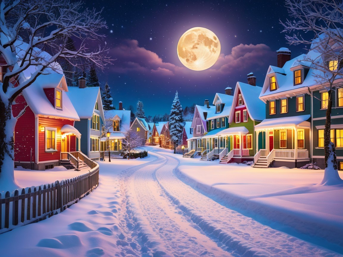 Winter Neighborhood Scene with Snow and Moonlight